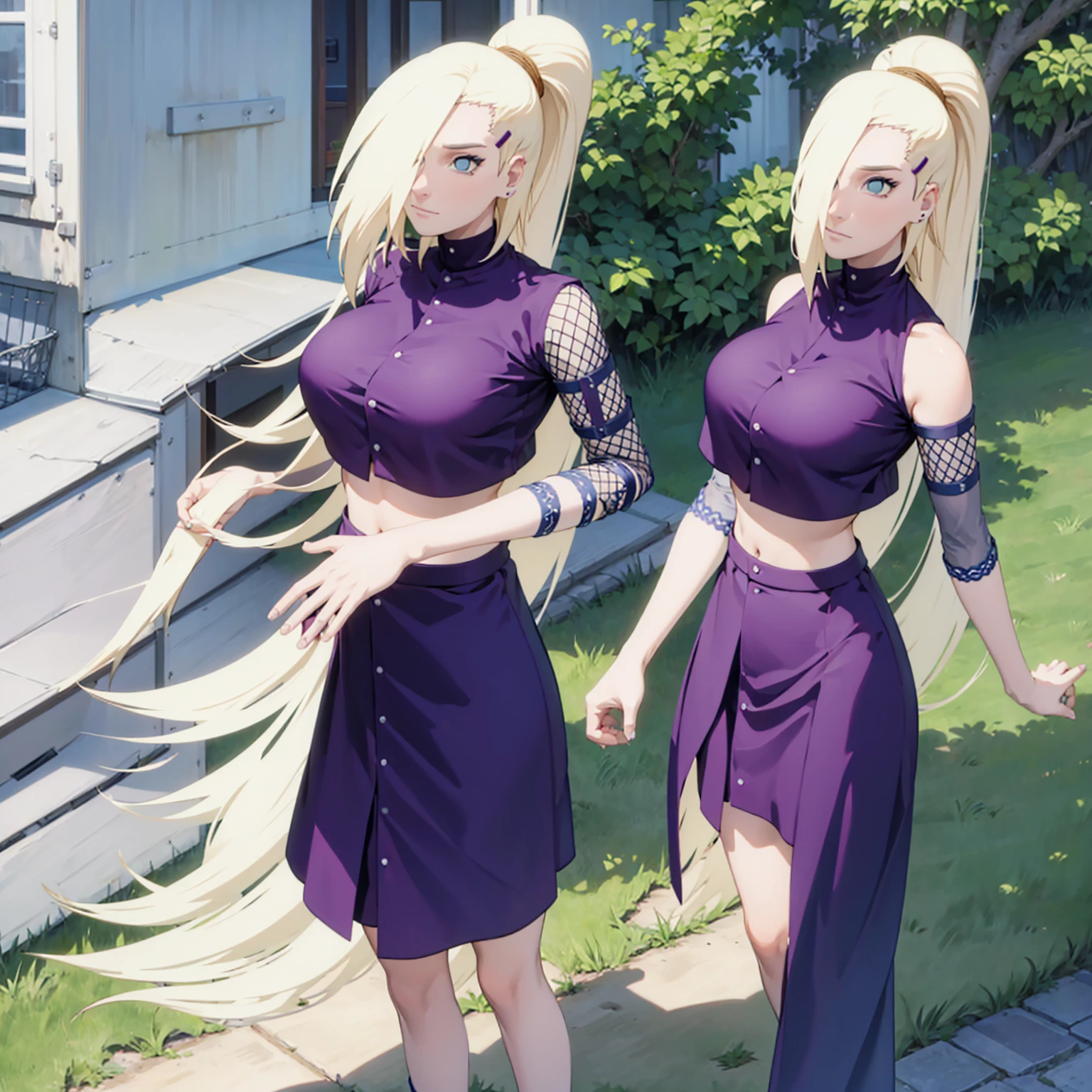 (masterpiece), best quality, expressive eyes, perfect face, 1 girl, solo, yamanaka ino, blonde hair, blue eyes, purple crop top, separate sleeves, purple skirt, mesh sleeves, meshes, outdoors, natural lighting, full body, portrait, looking at viewer, from above