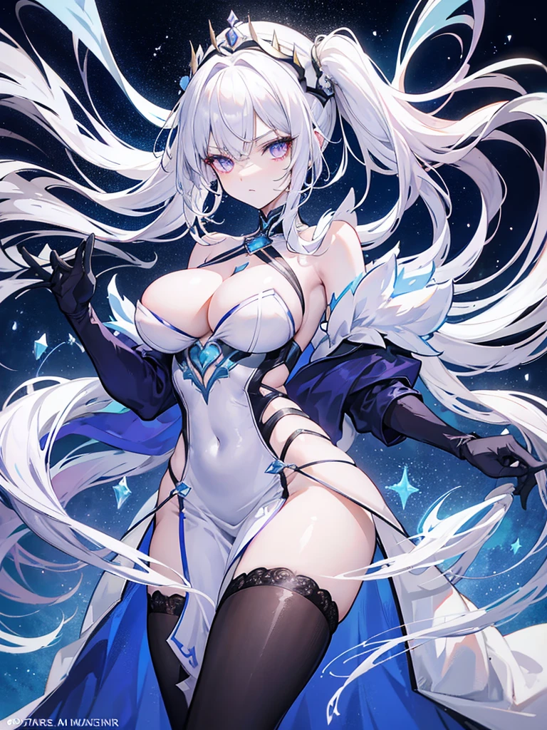 A striking anime-style female character with pale white hair tinged with light purple accents. She has sharp yellow eyes and an intense gaze. The character is dressed in a revealing black outfit with a deep neckline, showcasing her cleavage. The lower part of her dress is white with a high slit on one side, exposing her leg. She wears long blue gloves that cover almost her entire arms. In her hands and floating around her are glowing ice star-shaped objects that she seems to be controlling. Her hair is adorned with an orange headband or accessory. The background is dark, likely representing a night scene, with the glowing ice stars adding a mysterious and cold, magical atmospher