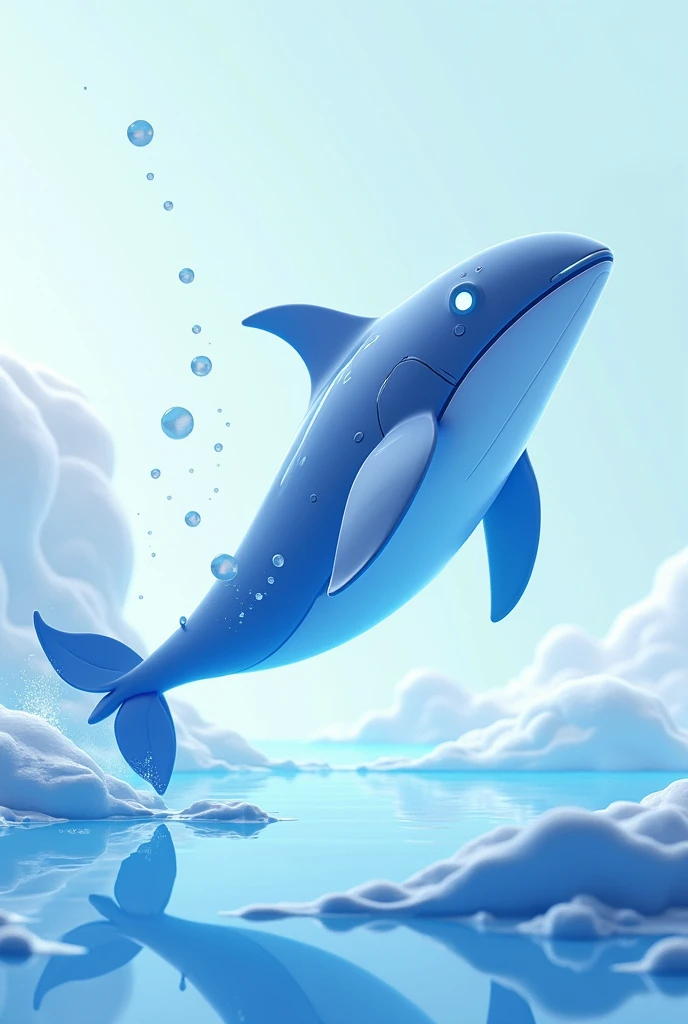 Design a 3D stylized illustration for 'Hydro,' a whale-like creature aligned with the water element. The art style should reflect the clean, futuristic design of the SOLMON logo, focusing on smooth, sleek textures with glowing water accents. Hydro should be shown in a dynamic, leaping pose, with water trailing behind. The background should be minimalistic, featuring digital waves and cosmic bubbles that enhance the water theme, creating a clean, fluid composition.