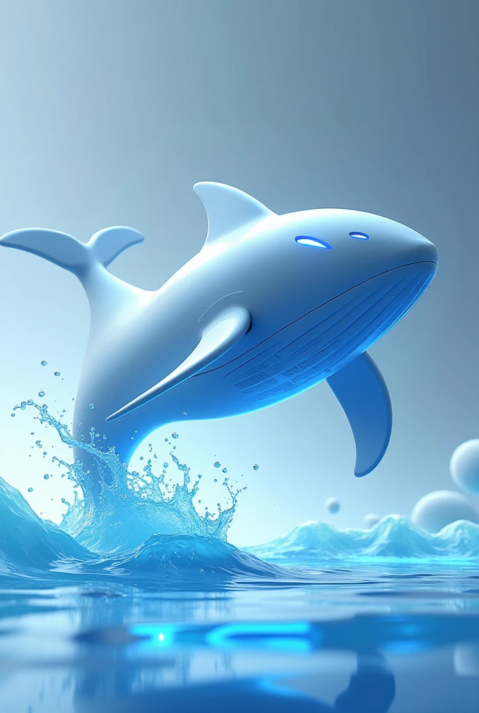 Design a 3D stylized illustration for 'Hydro,' a whale-like creature aligned with the water element. The art style should reflect the clean, futuristic design of the SOLMON logo, focusing on smooth, sleek textures with glowing water accents. Hydro should be shown in a dynamic, leaping pose, with water trailing behind. The background should be minimalistic, featuring digital waves and cosmic bubbles that enhance the water theme, creating a clean, fluid composition.