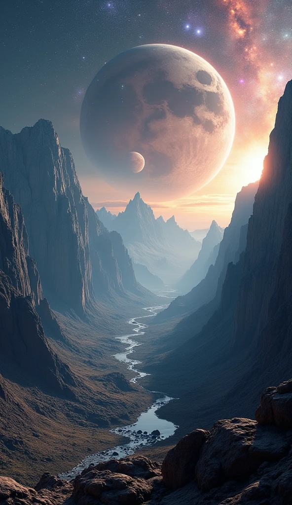 rocky landscape, craters, mountains, futuristic, dramatic lighting, stars, planets, galaxies, nebulae in the background, hyper-realistic, 8K, cinematic, epic, moody, dramatic, stunning, intricate details, realistic textures, volumetric lighting, photorealistic