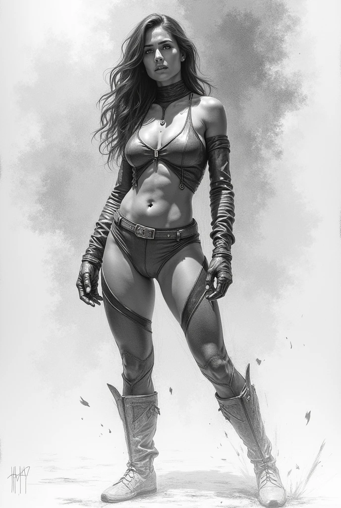 Pencil sketch of a heroine with super powers