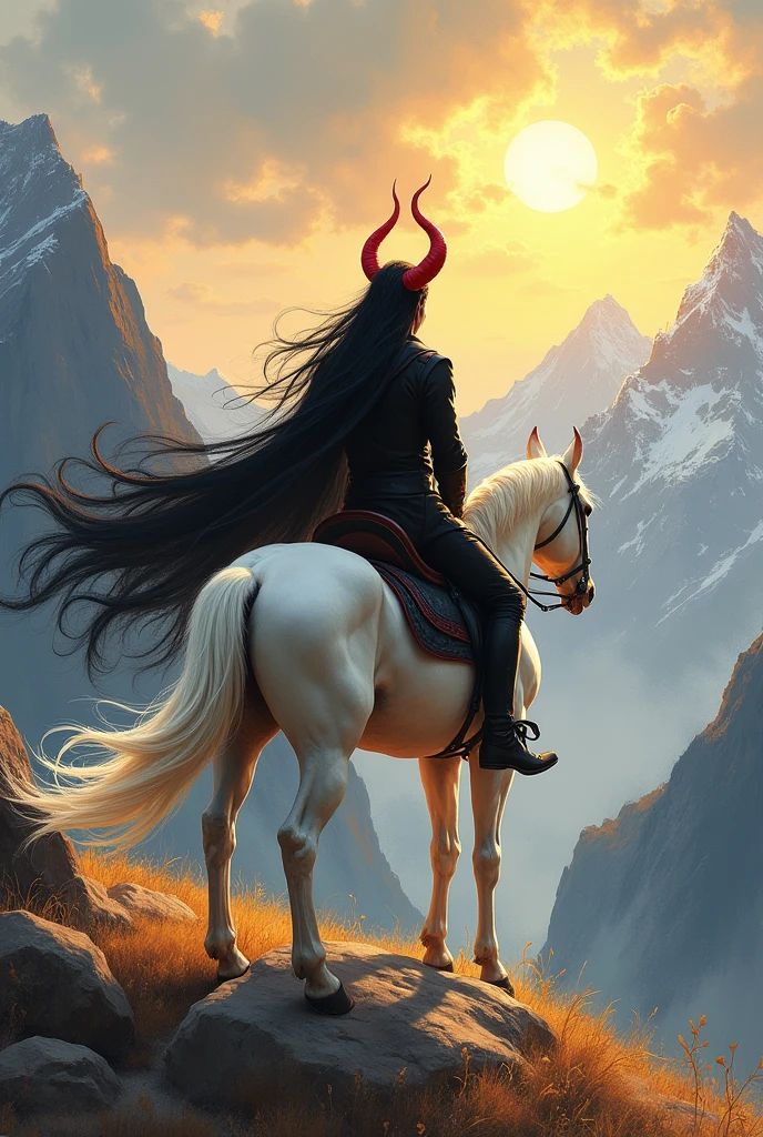Devil on god's mission, impressionistic art with the handsome white male black haired devil with red horns and a gentle smile on a horseback with his back facing the viewer towards sunshine/goodness on mountain tops