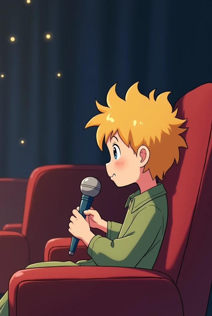 I want to generate an illustration of the Little Prince sitting in a theater seat, looking diagonally at the stage and holding a microphone in his hand.. that the illustration looks the same as the ones in the book and that it looks cute or adorable but doesn't look like anime