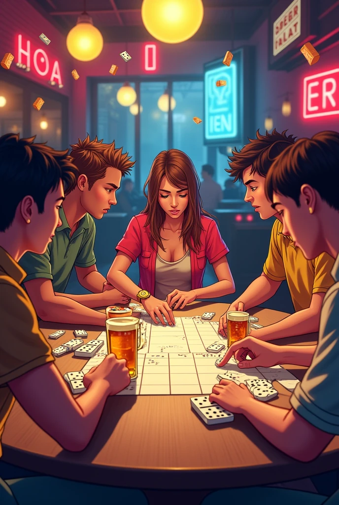 Create a banner for a domino tournament, the championship will take place in a bar and is for a young audience