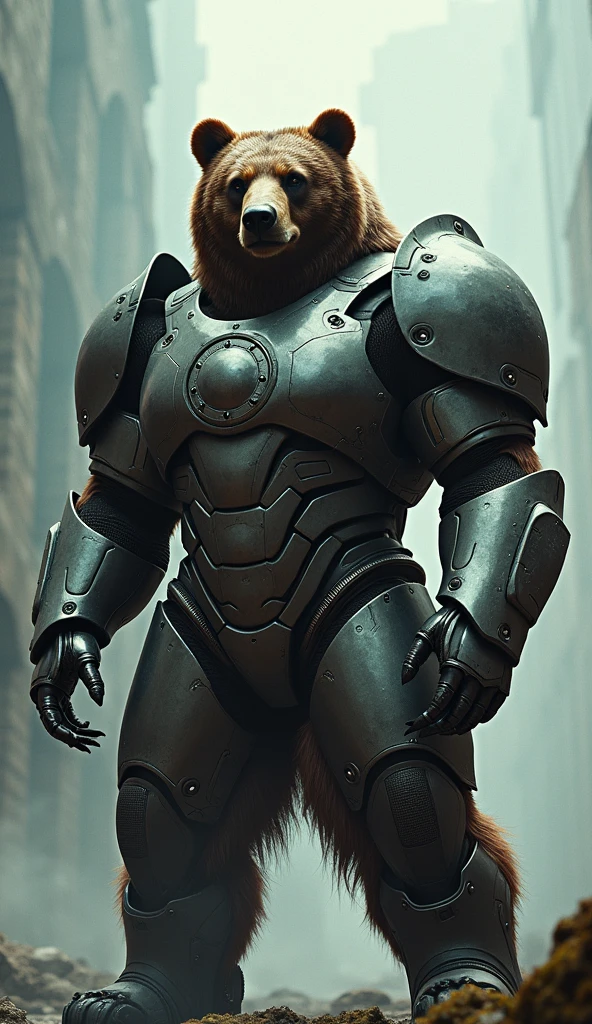 an armored bear poses for a photo, Cinematic plan, Fujifilm XT3, Canon R5, Fujicolor Fujichrome Velvia 100