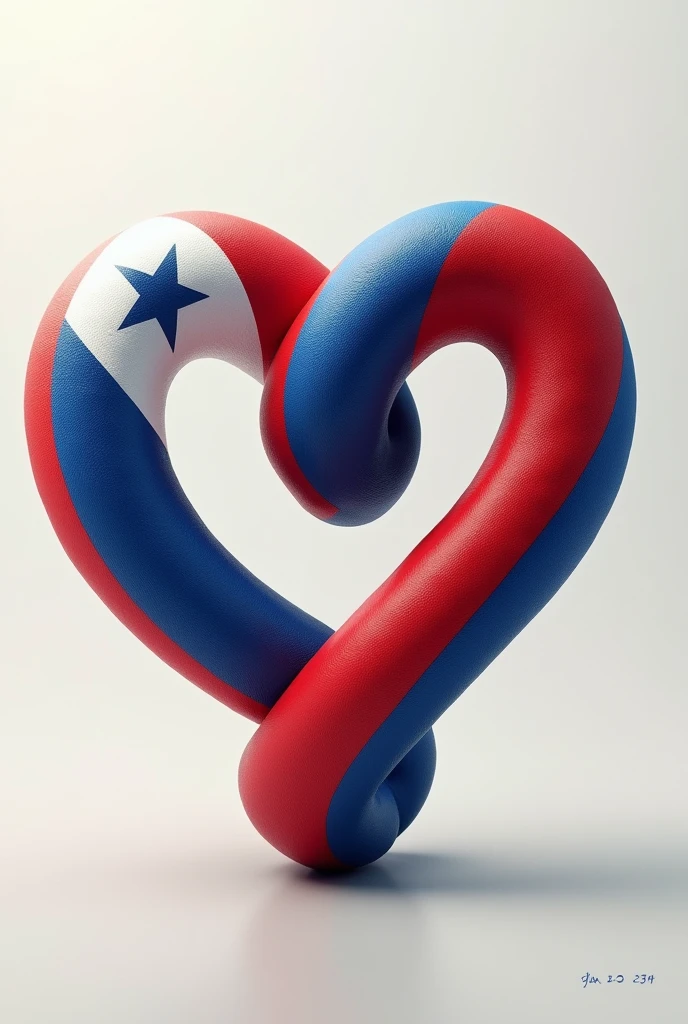 "An intertwined heart made from the flags of Panama and Costa Rica. The left half of the heart should feature the Panamanian flag, while the right half displays the Costa Rican flag. The two flags should blend smoothly at the center of the heart, symbolizing unity and friendship. The background should be simple and neutral to keep the focus on the heart."