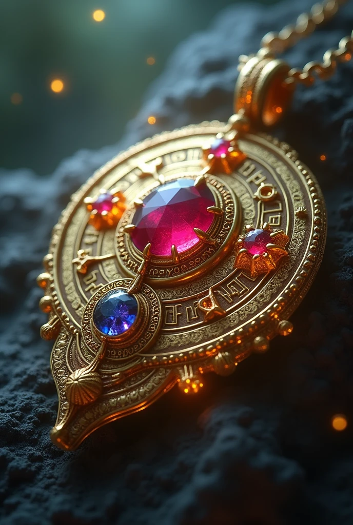 a golden magical talisman amulet with powerful rune gemstones
