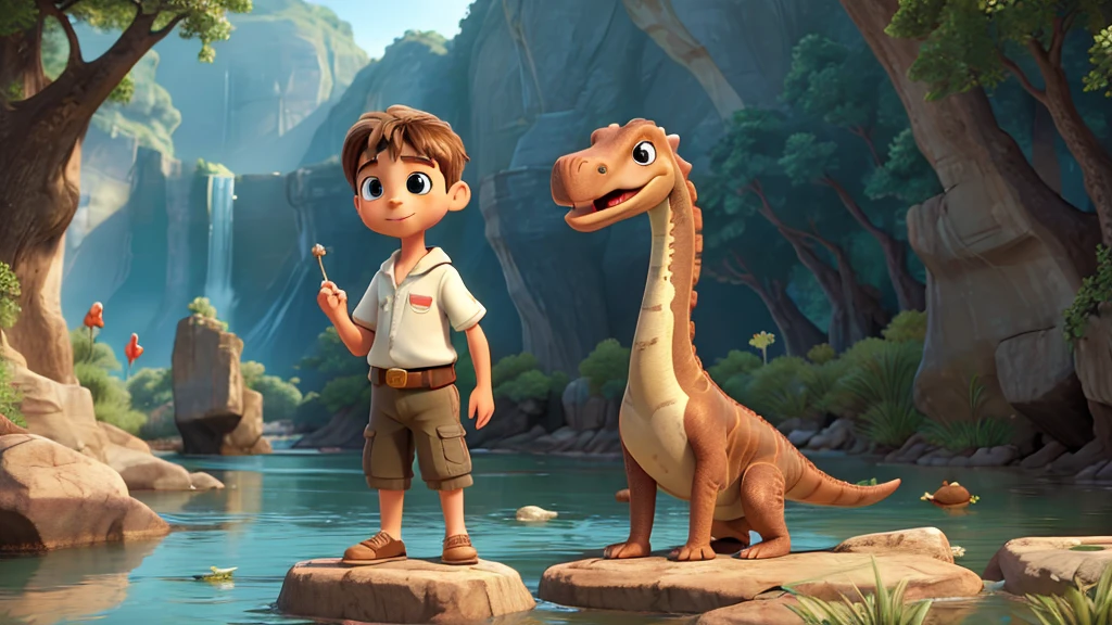 1 child, (masculine) in a river, in front of a prehistoric dinosaur, long neck (dinosaurio long neck) clear day, birds flying in the distance, 24mm wide angle lens, --with 16 :9-at 5. from another world. ilustrativo de Disney, prehistoric times, (Best Quality, 4k, 8k,High resolution,masterpiece:1.2)Retailer, Disney,, details in child, body, method, hands