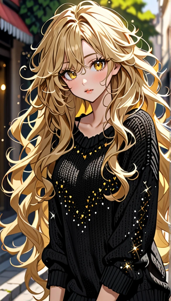 Beautiful and blond messy styled hair, best quality, beautiful woman, amorous expression, blonde messy wavy hair, extremely long hair, very very long hair, yellow eyes, make-up, wearing only a loose fitting black summer knit sweater, sparkly fluffy, flaunting her hair