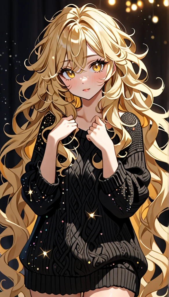 Beautiful and blond messy styled hair, best quality, beautiful woman, amorous expression, blonde messy wavy hair, extremely long hair, very very long hair, yellow eyes, make-up, wearing only a loose fitting black summer knit sweater, sparkly fluffy, flaunting her hair