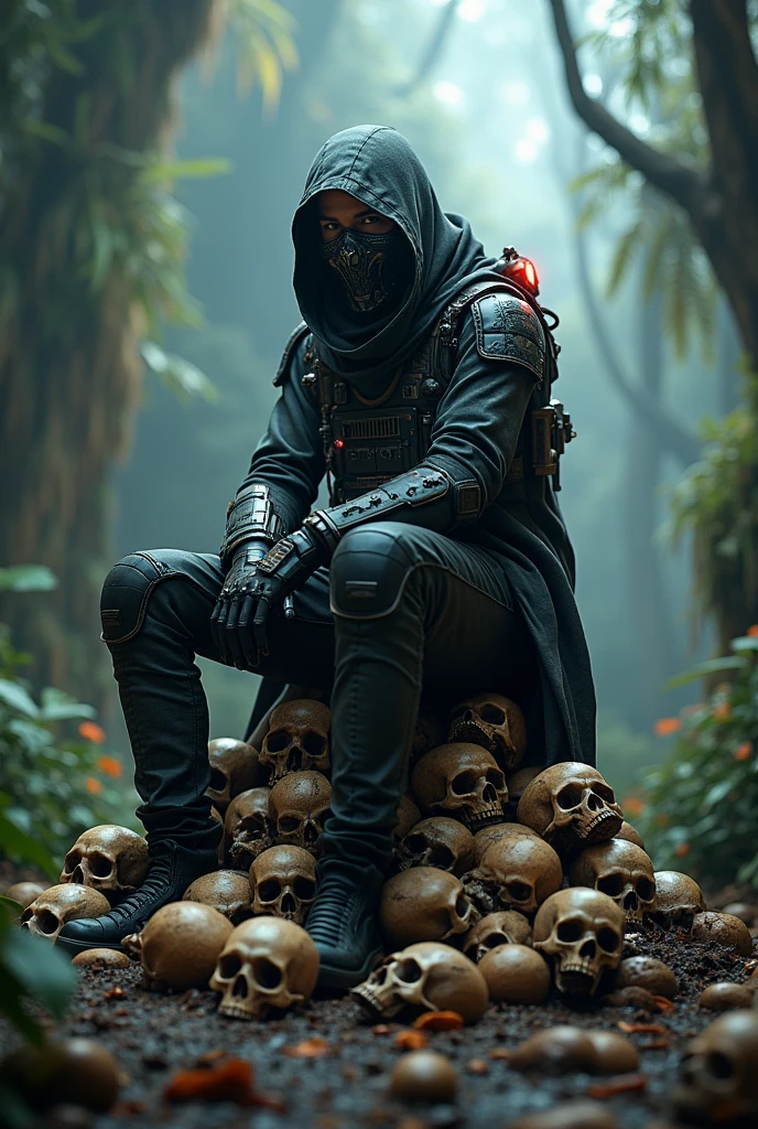 a man sitting on top of a pile of skulls, cyberpunk jungle background, unreal engine character art, ballistic mask, an edgy assassin, artgerm ; 3d unreal engine, ( ( character concept art ) ), mmorpg gameplay, cloaked soldier, invisibility, camo