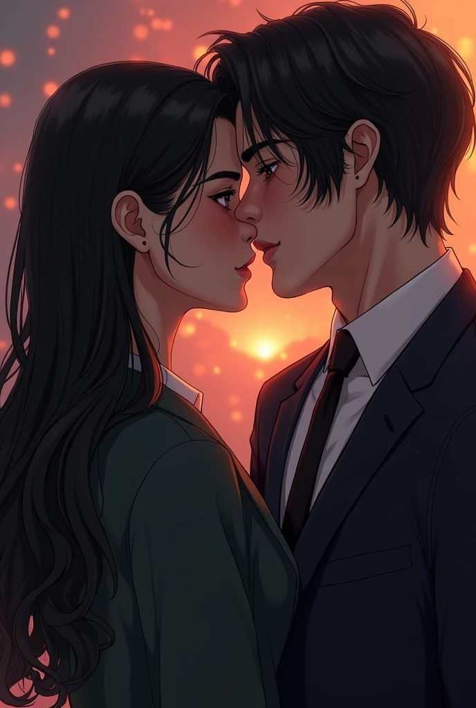 (mesa, Digital art, digital illustration, 4k, 8k, ultra detailed, beautiful image, sharp image, photorealistic, raw photo, perfect face, perfect lines, Perfect eyes, Soft lighting) 1 woman, (long black hair,smooth fur,Bullish look,beauty,Solid makeup,FEMALES,small tits:1.3),Two handsome men in suits, (human,men in suits,well muscled,Firm shoulder width,adult male,youthful hairstyle,English gentlemanly style,Man in his 30s with a cool expression.,28 year old man with a bright smile.:1.2),traditional japanese evening kimono、Fireworks Festival、beautiful yukata、Uchiha、kiss、a couple、couple kissing、romance、sex、have sex、