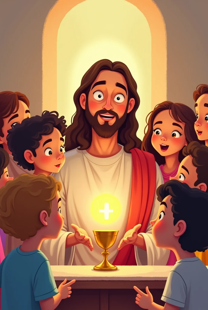 Jesus in cartoon drawing with Eucharist and chalice on altar with children