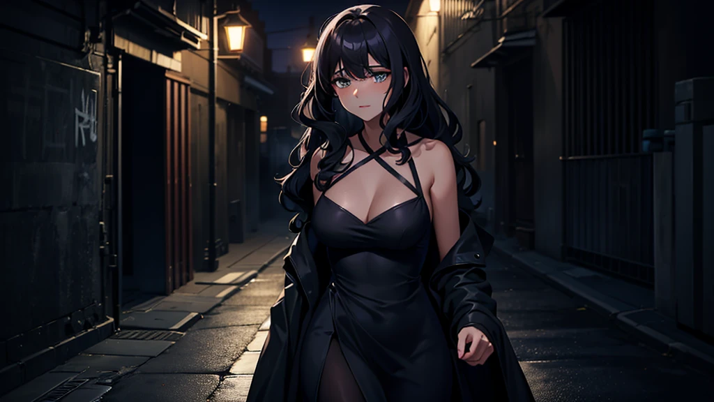 A dimly lit urban alleyway at night, where a couple stands close together, partially hidden in the shadows. The woman has a sensual, soft expression, wearing a sleek, black dress that clings to her figure, with wavy hair cascading over her shoulders. The man is dressed in a dark, fitted jacket, gently holding her waist. Their faces are close, almost touching, creating a sense of intimacy. The background shows faint city lights and graffiti on the walls, with a subtle mist adding to the mysterious atmosphere.