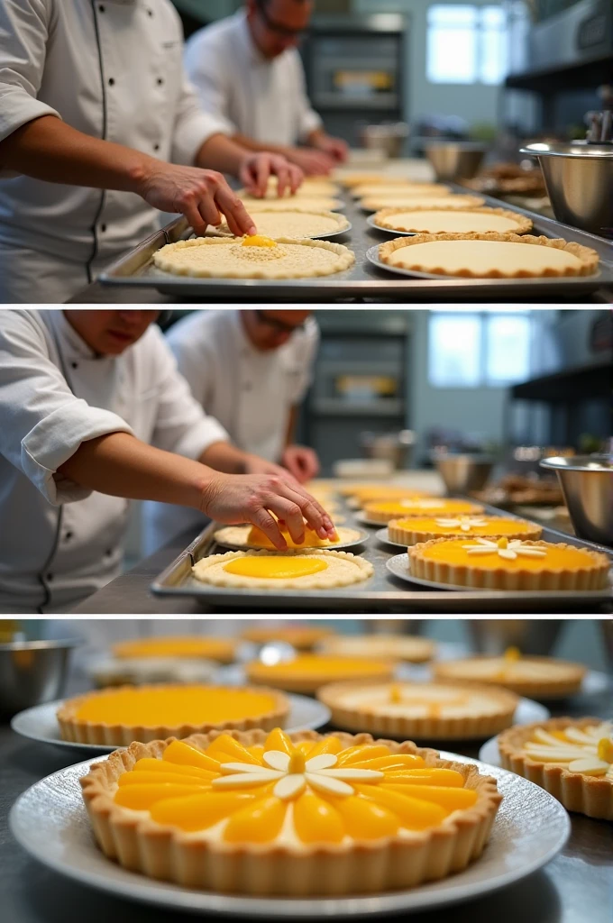 "Images of the process of making guava pies in a professional kitchen. Include a chef kneading the dough, placing the guava filling on the dough, putting the pies in the oven and decorating them with final details. The kitchen should look clean and tidy, with visible utensils and ingredients."