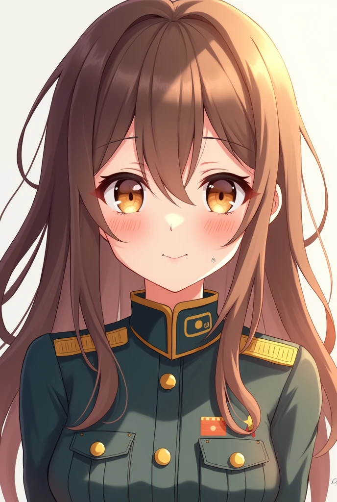 Cute Anime blushing soldier girl with long brown hair and long bangs and brown eyes. 