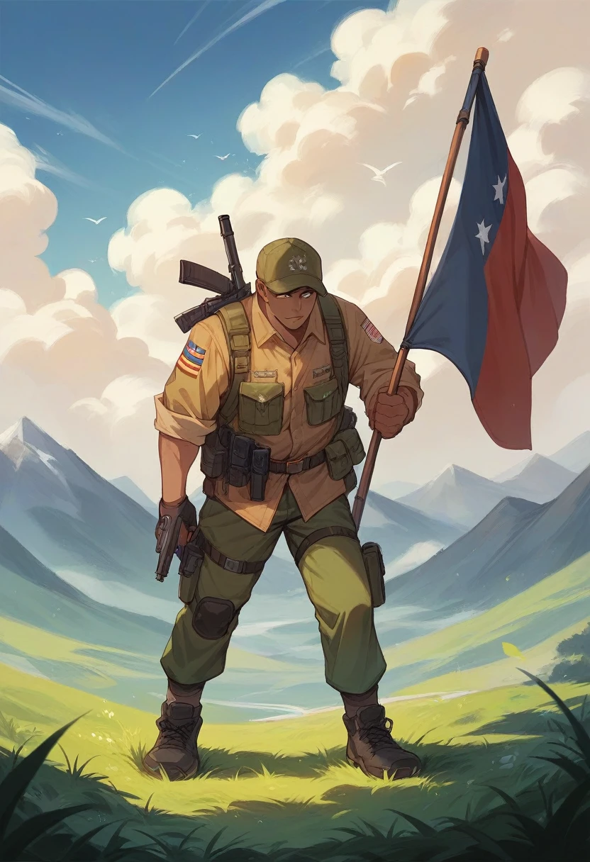 Master chief carrying Pakistan flag charging into battle,he must hold flag in one hand and in other hand he must hold gun,mountain ranges with green grass,dark black clouds in sky