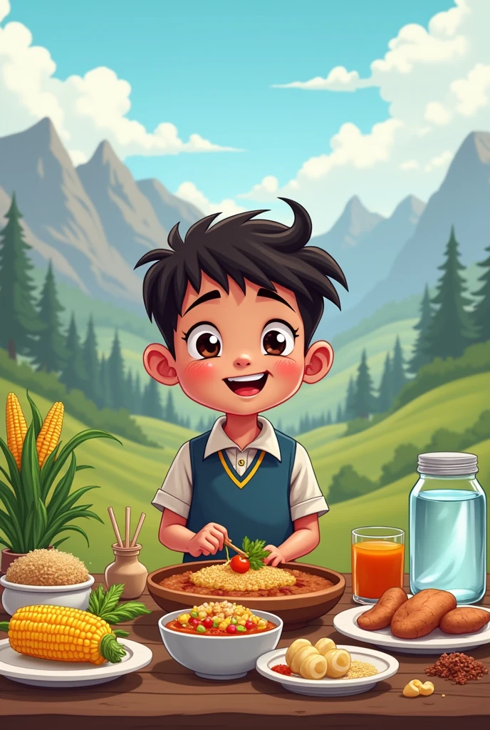 A cartoon schoolboy from the Andean region eating corn, sweet potato, wanton, quinoa in stems, and water in a glass jar