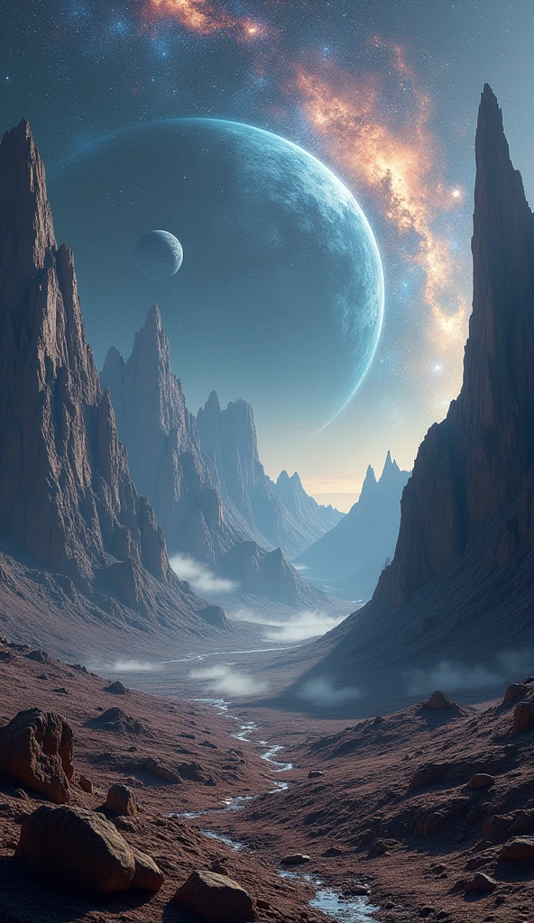 rocky landscape, craters, mountains, futuristic, dramatic lighting, stars, planets, galaxies, nebulae in the background, hyper-realistic, 8K, cinematic, epic, moody, dramatic, stunning, intricate details, realistic textures, volumetric lighting, photorealistic