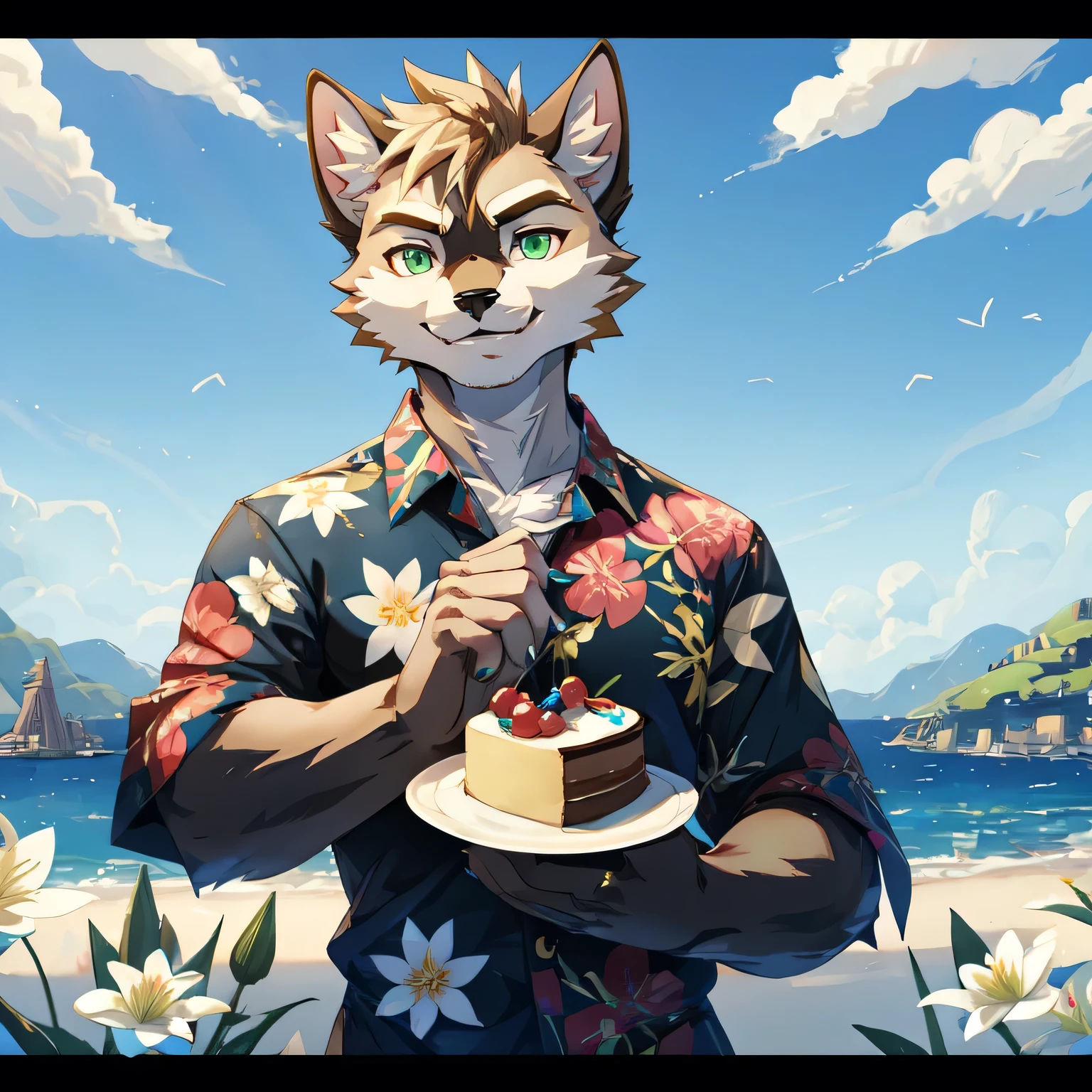 a siamese cat, male, green eyes, short white fur, holding a small cake, decorated, animated digital style, contemporary clothes with lily flower print, smiling, furry, small claws with green tips, (best quality,4k,8k,highres,masterpiece:1.2),ultra-detailed,(realistic,photorealistic,photo-realistic:1.37),detailed portrait,studio lighting,vivid colors,bokeh