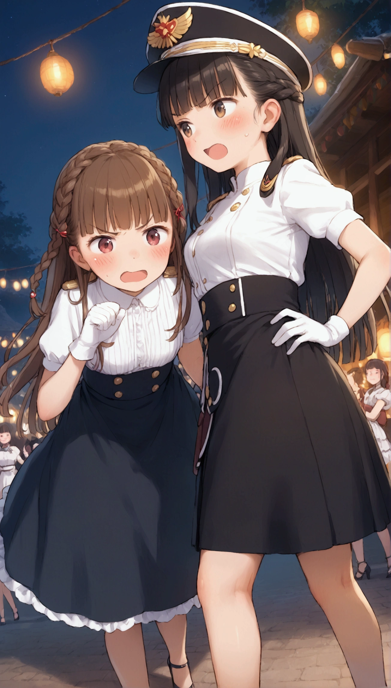 {Highest quality}, {Super beautiful},{Ultra fine},{Best illustration},Brown Hair,Hime cut,long hair,Braid,One woman,Standing Woman,Strike a pose,Adult women,Angry face,Open your mouth,Uniform cap,White Shirt,Short sleeve,long black skirt,White gloves,Night Festival,Blushing,Slender,Black high heels,barefoot,From an angle,From below,Woman with closed legs,