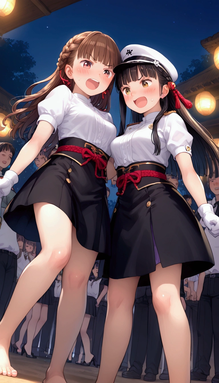 {Highest quality}, {Super beautiful},{Ultra fine},{Best illustration},Brown Hair,Hime cut,long hair,Braid,One woman,Standing Woman,Strike a pose,Adult women,Angry face,Open your mouth,Uniform cap,White Shirt,Short sleeve,long black skirt,White gloves,Night Festival,Blushing,Slender,Black high heels,barefoot,From an angle,From below,Woman with closed legs,