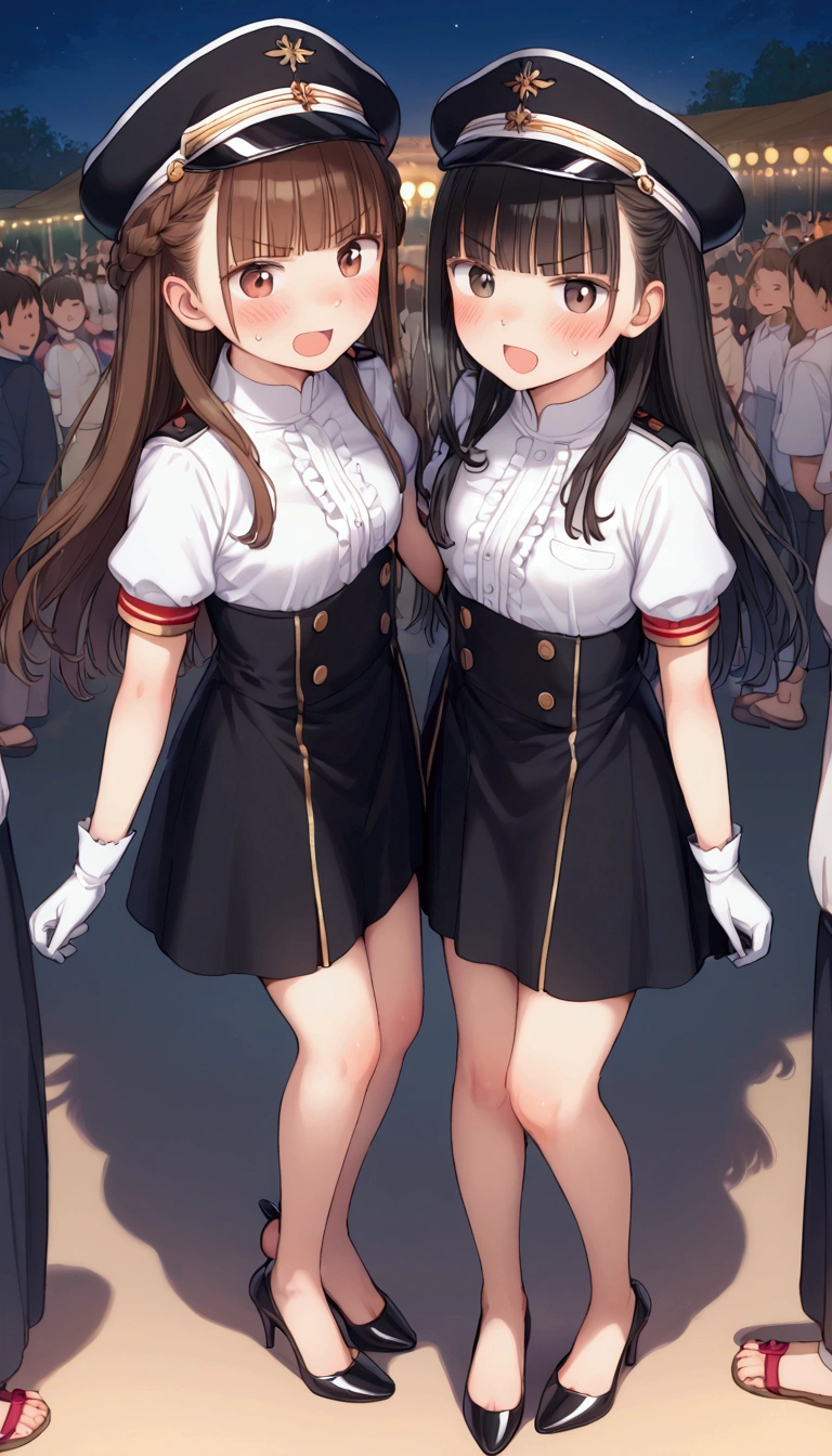 {Highest quality}, {Super beautiful},{Ultra fine},{Best illustration},Brown Hair,Hime cut,long hair,Braid,One woman,Standing Woman,Strike a pose,Adult women,Angry face,Open your mouth,Uniform cap,White Shirt,Short sleeve,long black skirt,White gloves,Night Festival,Blushing,Slender,Black high heels,barefoot,From an angle,From below,Woman with closed legs,