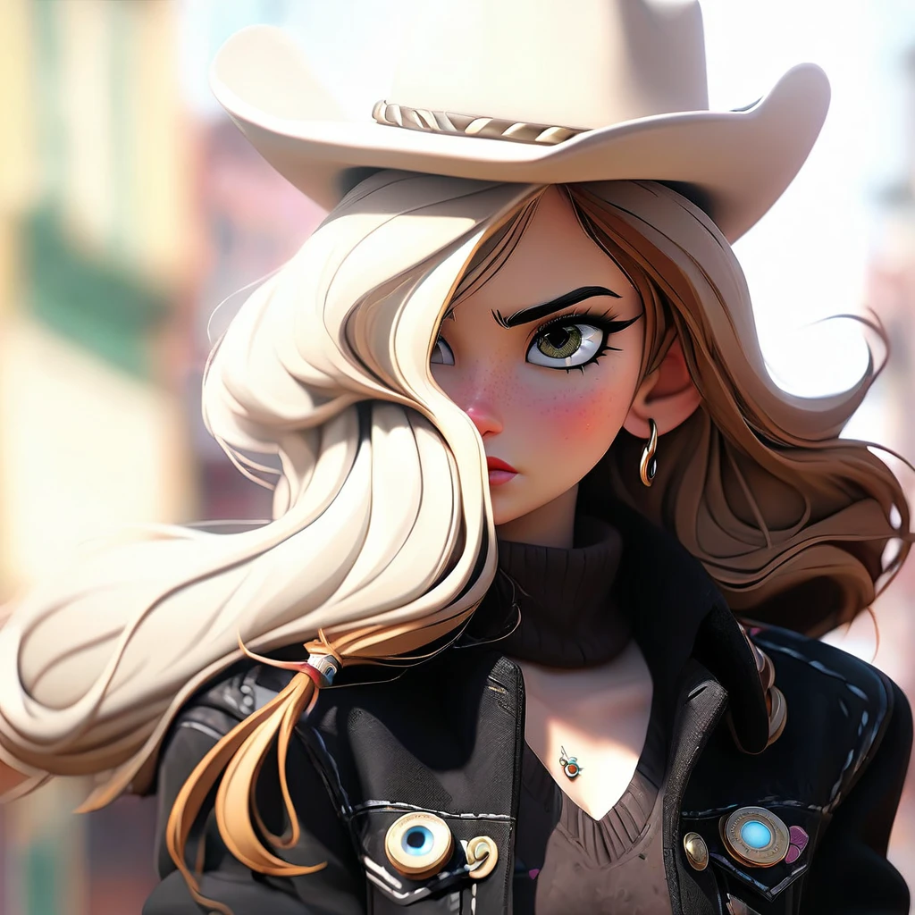 1 girl,work of art, (8k, best qualityer, work of art:1.2),highy detailed,ultra detali,master class,best qualityer,illustration,body hair_bland_eyeballs,perfect lighting, cowboy shot, cv16,Black jacke