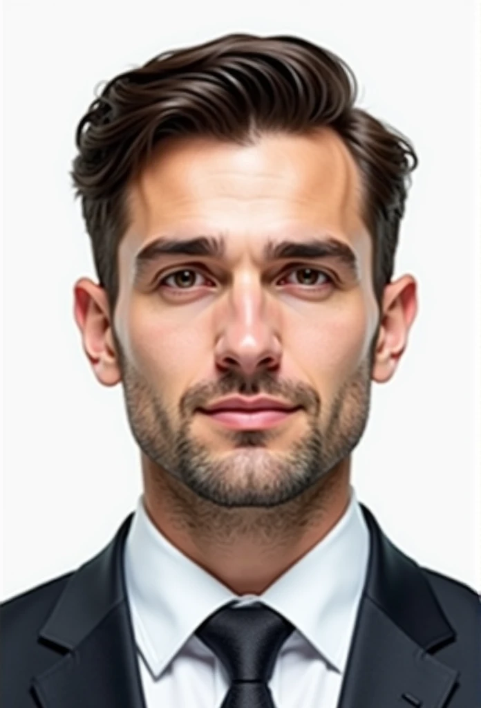 Create a realistic passport photo of a man in his 30s with dark brown hair, normal build and light stubble. The man should wear a formal suit with a tie and the background should be plain white, in line with passport photo requirements. His hair should be cut short, the hair should be too short to be combed. He should have a neutral expression without a smile. his hair is too short. The image should resemble a real photograph taken in a professional studio. the jaw structure should be oval neck structure should be normal. His/her face must be expressionless. he/she must meet the requirements for official offices and passports. his/her hair must not be cool. Just short hair, slightly combed to the side.