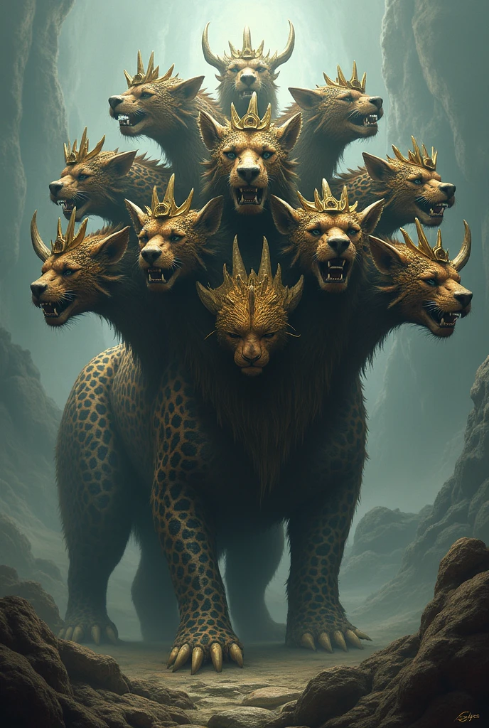 Dragon with seven heads and ten horns, on the horns, ten diadems. Leopard body, bear feet, and his lion's mouth;