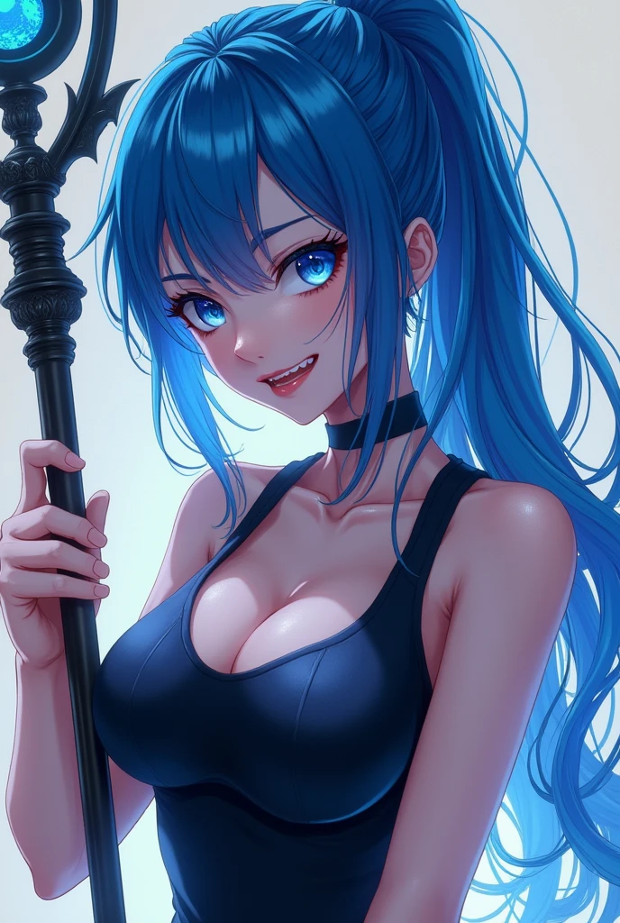 ((Highest quality)), ((masterpiece)), (detailed), One person,long hair,bluehair,navy eyes,beauty,ponytail,Slanted Eyes、Bad look in the eyes,アニメ,game cg,shiny skin,huge breasts,large breasts,,child,　very long hair、Tank top,blouse,,evil smile,holding magical staff