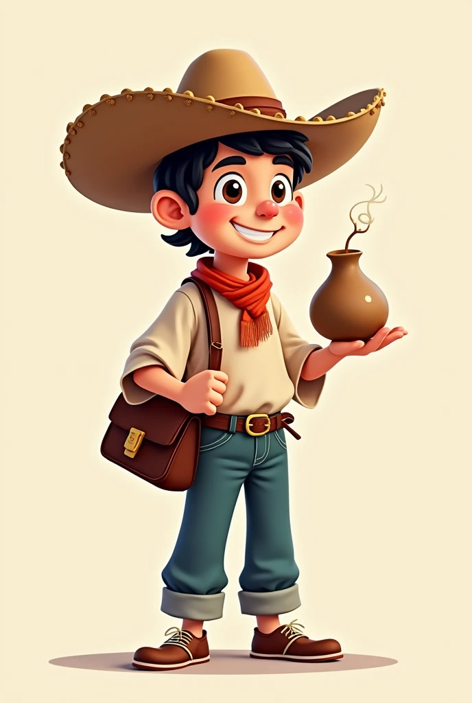 Make a white ethnic gaucho, with a brown shoulder bag without handles in one hand and a mate gourd in the other in cartoon style