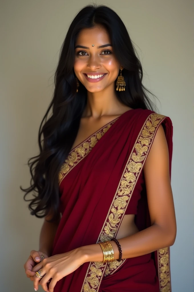 "A beautiful Bangladeshi woman in her mid-20s, with long, silky black hair that cascades down her back. She has big, expressive dark eyes and a radiant smile with a slight gap between her front teeth, adding a touch of uniqueness to her beauty. Her skin is a warm, golden brown, glowing with a natural radiance. She wears a fitted, elegant saree in a deep red color, with intricate gold embroidery that accentuates her curves. The saree drapes gracefully over her slim figure, revealing a toned midriff. Her accessories include traditional gold bangles, a delicate nose ring, and a small bindi on her forehead, giving her a sophisticated yet alluring look."
