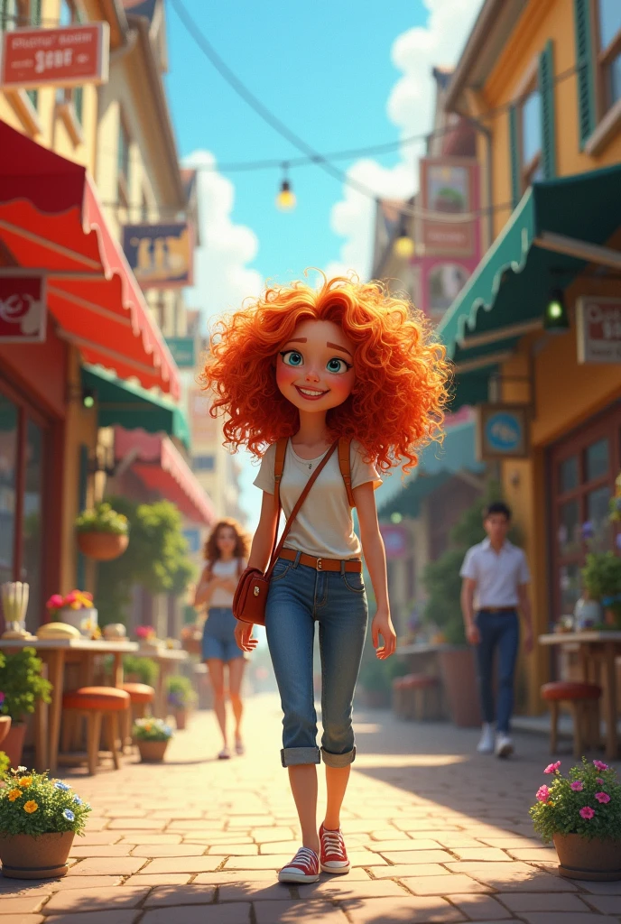 curly haired and red haired girl on a street full of shops