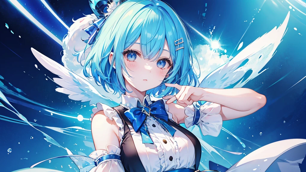 Idol girl with short blue hair。His face is shining。