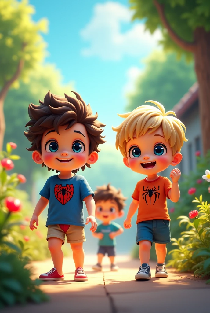 2 petits garçon, 1 de 4 ans aux yeux bleus cheveux long bouclés en tee shirt spiderman et slip, 1 garçon de 4 ans aux yeux bleus cheveux court châtain en short et tee-shirt, 1 fille de 2 ans aux yeux bleus cheveux mi-long blonds lisse en short et tee-shirt