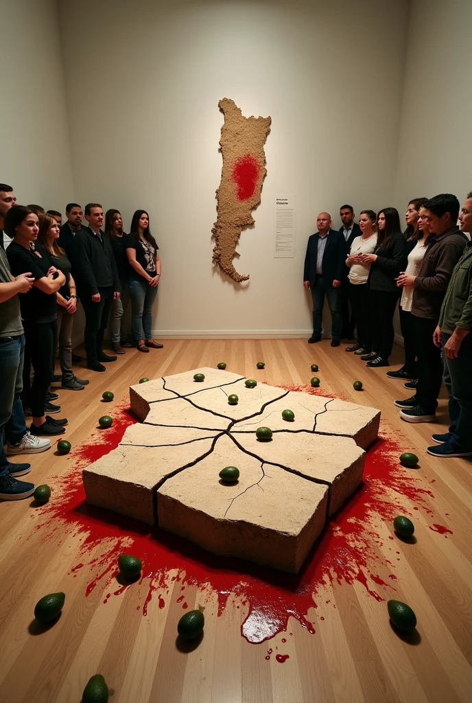 A work of art , inside a room, where on the ground there is a block of dry land measuring 5 meters by 5 meters, cracked alluding to drought, Between the cracks there are small avocados, with blood. On the wall a picture of the map of Chile, with a small blood stain in the center. There are people around watching the work.