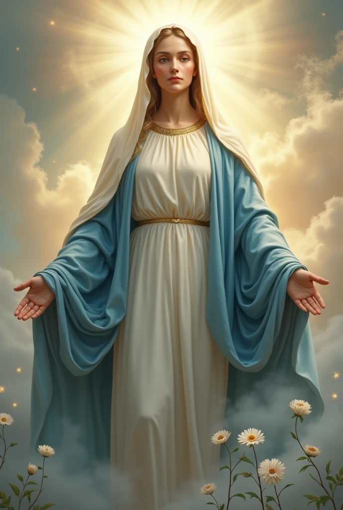 "Create an image of the Virgin Mary with a serene and maternal expression. She should be wearing a blue and white cloak, symbolizing purity and protection. The background can be a heavenly environment with a soft, golden light, highlighting her figure. Her expression should convey calm and compassion, and around her there can be small details such as flowers or stars to accentuate the divine atmosphere."