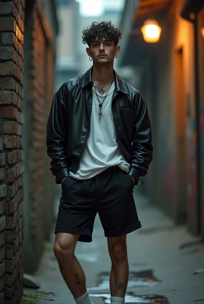 A 23 year old white male, Scrawny, with a boy's face, with slight Asian descent, short dark brown hair curly with Undercut cut, a small hoop earring in the ear, eyes browns, sem beard, Very beauthful, with small tattoos spread across his arms, wearing a leather jacket and a loose t-shirt, with very wide black shorts, high sock, on foot wearing a white adidas samba, posing for a spontaneous photo, in Batman's alley in Sao Paulo
