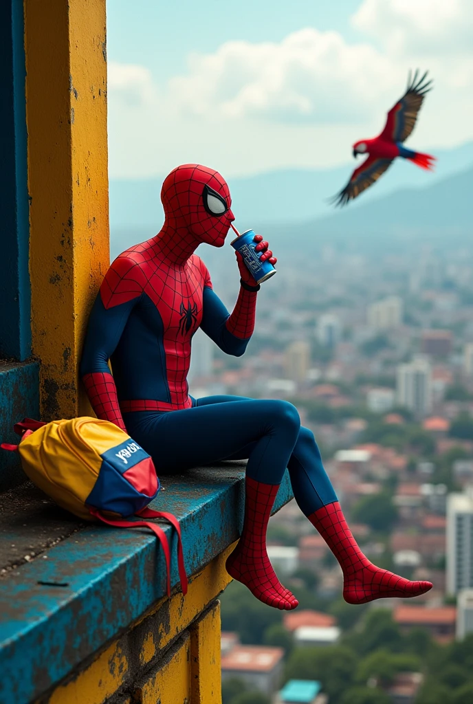 Spiderman, venezuela, sitting on the edge of the abyss of a Venezuelan building, Tricolor yellow blue and red school bag, drinking a Venezuelan Malta, Macaw flying in the background.