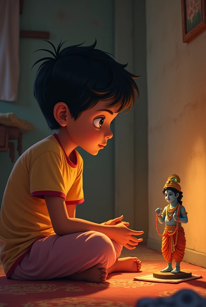 Depict a small, humble room where a young boy named Ravi has placed a small idol of Lord Krishna in a corner. The idol is carefully cleaned and displayed on a simple cloth or small platform. Ravi's deep reverence for Krishna is evident in the way he looks at the idol with devotion. The room is modest, with basic furnishings, but the presence of the idol adds a sense of warmth and spiritual significance. The atmosphere should convey the boy's unwavering faith and love for Krishna