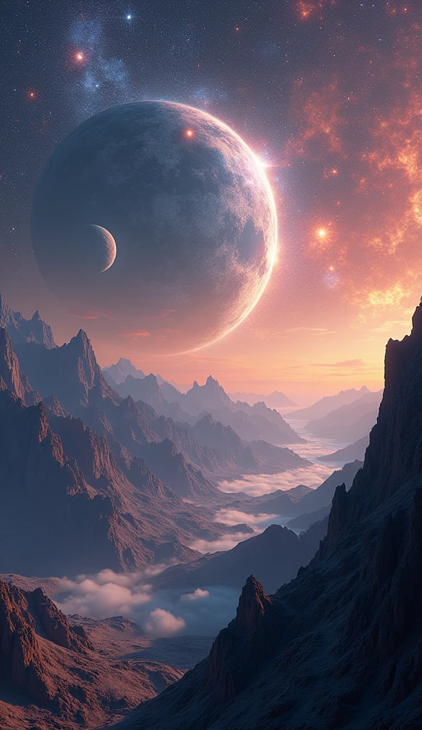 craters, mountains, futuristic, dramatic lighting, stars, planets, galaxies, nebulae in the background, hyper-realistic, 8K, cinematic, epic, moody, dramatic, stunning, intricate details, realistic textures, volumetric lighting, photorealistic