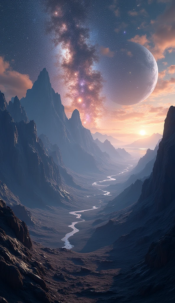 craters, mountains, futuristic, dramatic lighting, stars, planets, galaxies, nebulae in the background, hyper-realistic, 8K, cinematic, epic, moody, dramatic, stunning, intricate details, realistic textures, volumetric lighting, photorealistic