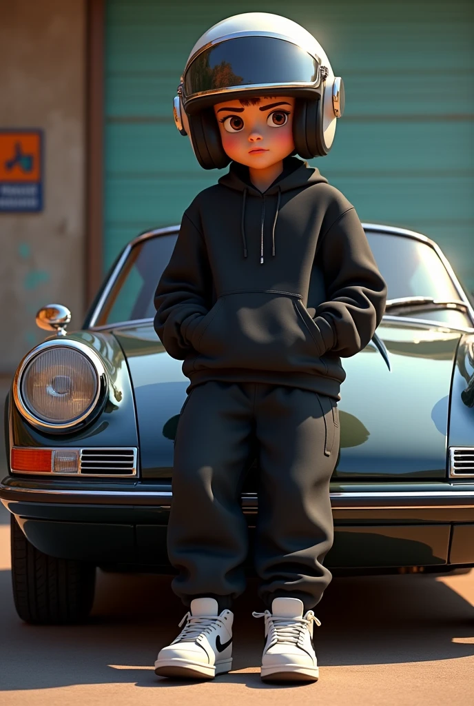 Chico , with a driving helmet with the visor down, White skin, With black sweatshirt, and a long black pants, Jordan sneakers, leaning on a porsche, pixar style
