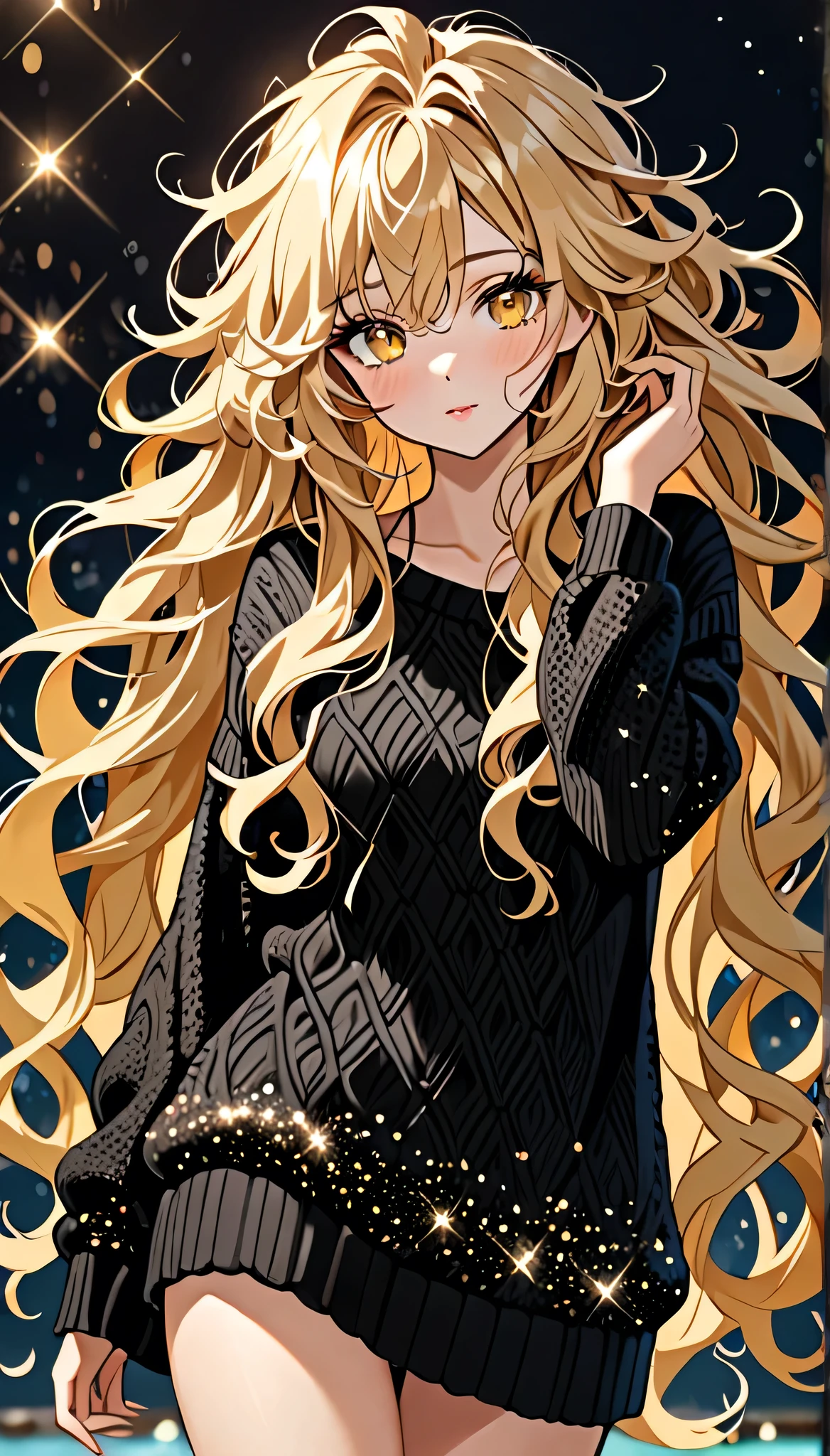Beautiful and blond messy styled hair, best quality, beautiful woman, amorous expression, blonde messy wavy hair, extremely long hair, very very long hair, yellow eyes, make-up, wearing only a loose fitting black summer knit sweater, sparkly fluffy, flaunting her hair