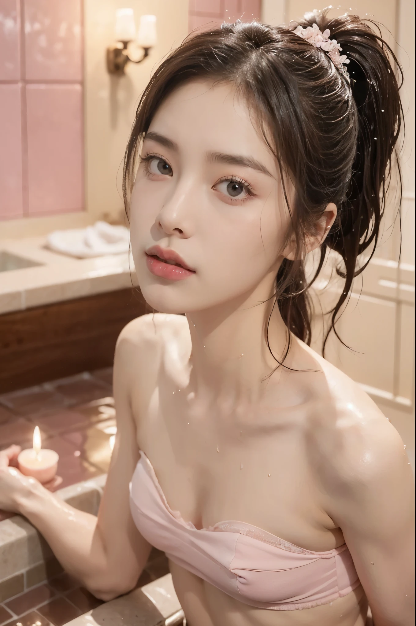 (((best quality))),(((ultra detailed))),(((masterpiece))),illustration,((1 beautiful girl,solo)),(short ponytail:1.2),((slim,thin)),((small breasts,flat chest)),(((sweat,wet))),delicate features,bright eyes,(strapless sheer pink bra:1.3),(pink Ceramic tile walls:1.2),(luxurious large bathtub),frothy bubbles,steam,warm glow,serenity,romance,plush fluffy rug,graceful pose,enchanting presence,sumptuous surroundings,keepsake,(indoor:1.3),(night scene:1.3),((from front,close-up of face))