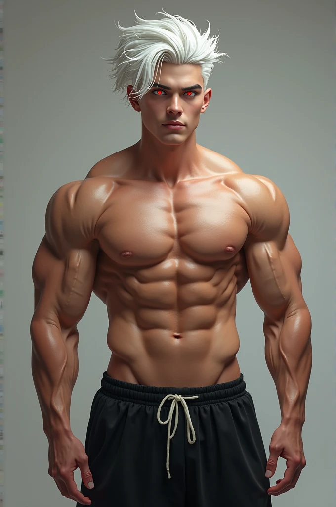 A boy  with six pack white hair red eyes. He is showing off his figure