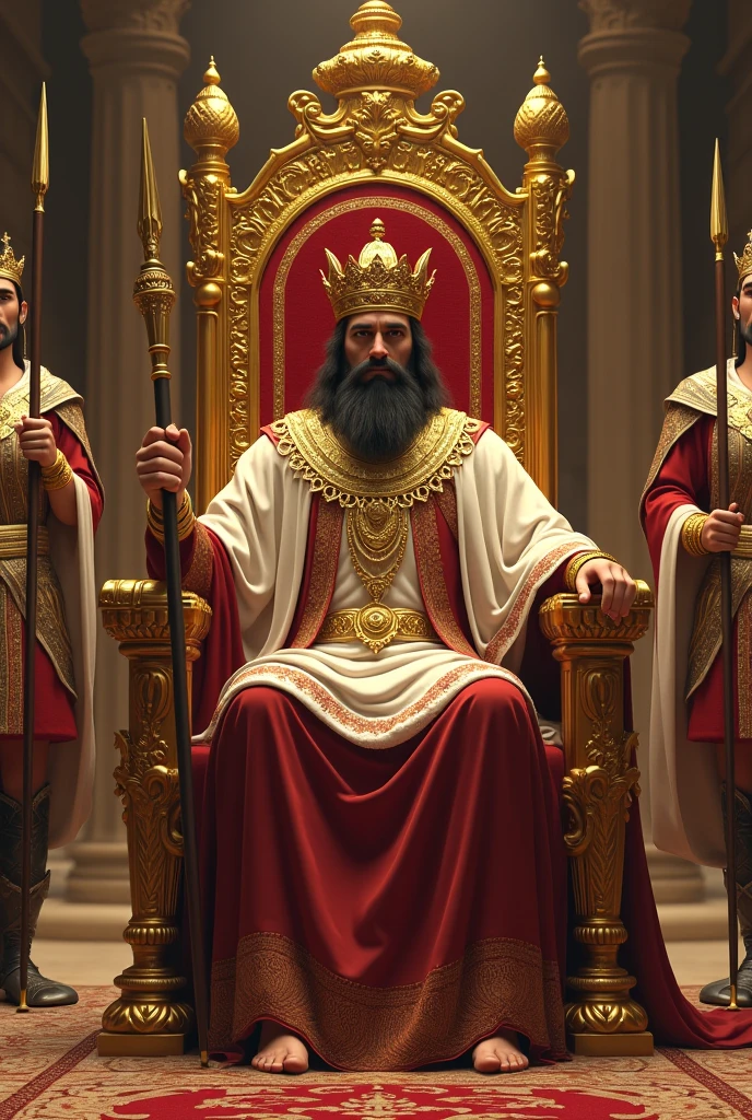 A Persian King sitting on his golden throne with a Scepter in his hand,
In a large luxurious hall with carpets and golden Persian vases, add two soldiers each on the king's side with spears, also add a queen with her royal robes and her crown on her head in front of the throne.