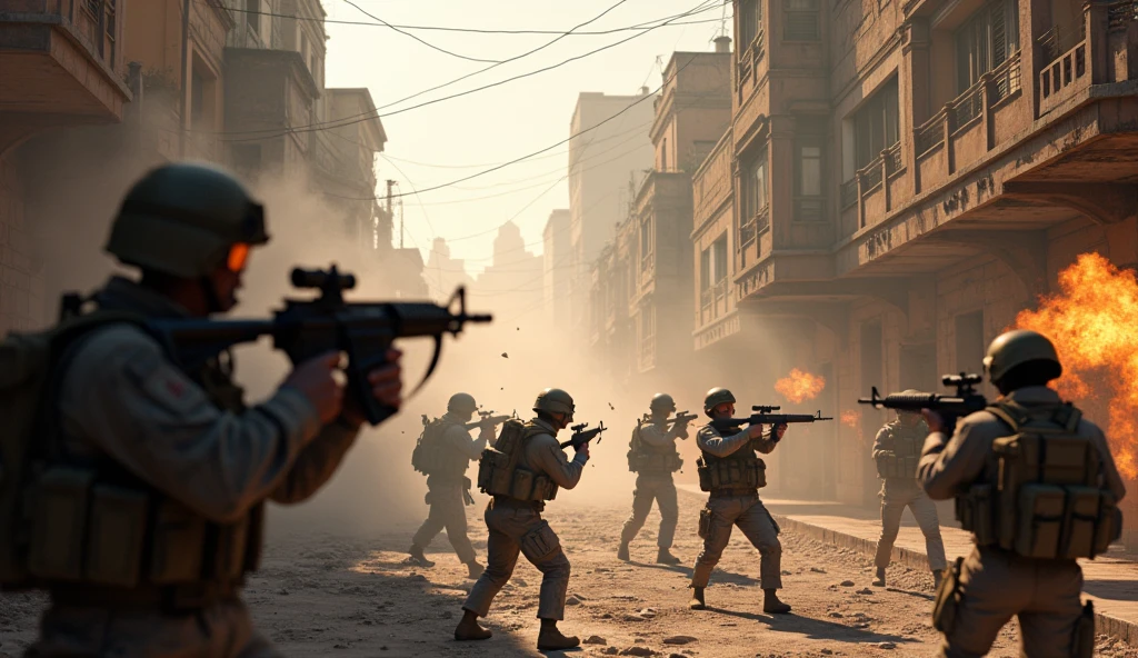 "A cinematic war zone with intense firefights, explosions, and a chaotic atmosphere, representing a 'free fire zone', ar 16:9"